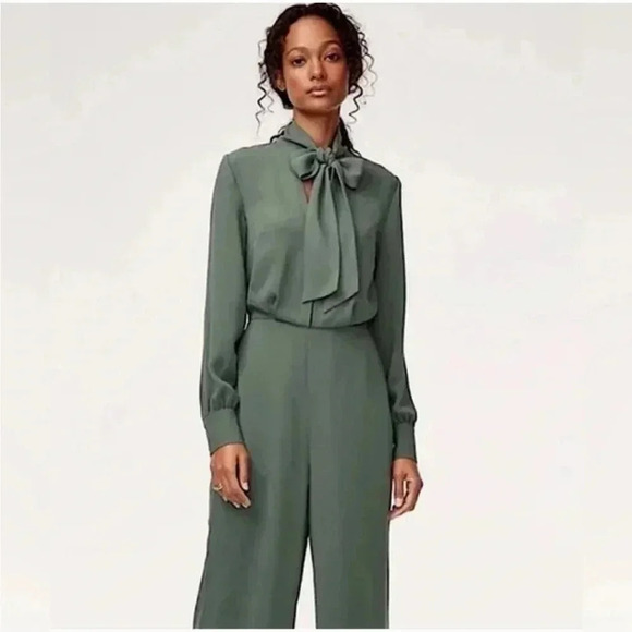 Babaton Pants - Aritzia Babaton Georgie Jumpsuit Teal Tie Neck Wide Leg Minimalist Chic